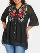 Plus Size Buttons Floral Embroidery Women Blouse Stand Collar Three Quarter Long Shirts Blouses Casual Shirt Ladies Tops