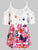 Plus Size Cold Shoulder Butterfly Print Cami Blouse Spaghetti Strap Lace Stitching Short Sleeve Women Sexy Tops