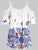 Plus Size Cold Shoulder Butterfly Print Cami Blouse Spaghetti Strap Lace Stitching Short Sleeve Women Sexy Tops