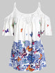 Plus Size Cold Shoulder Butterfly Print Cami Blouse Spaghetti Strap Lace Stitching Short Sleeve Women Sexy Tops