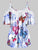 Plus Size Cold Shoulder Butterfly Print Cami Blouse Spaghetti Strap Lace Stitching Short Sleeve Women Sexy Tops