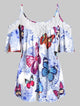 Plus Size Cold Shoulder Butterfly Print Cami Blouse Spaghetti Strap Lace Stitching Short Sleeve Women Sexy Tops