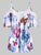 Plus Size Cold Shoulder Butterfly Print Cami Blouse Spaghetti Strap Lace Stitching Short Sleeve Women Sexy Tops