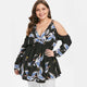 Plus Size Crane Print Surplice Tunic Top Women Blouse Cold Shoulder Plunging Neck Long Sleeve Blouses Ladies Tops Blusas