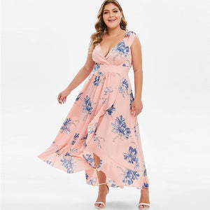 Rosegal Plus Size Floral Print Tie Shoulder High Low Dress Women Asymmetrical Ankle-Length V-Neck Sleeveless Party Maxi Dress