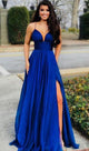 Royal Blue Evening Dresses Long 2019 Deep V Neck Split Sleeveless Spaghetti Strap Formal Party Prom Gowns Satin vestido de festa