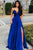 Royal Blue Evening Dresses Long 2019 Deep V Neck Split Sleeveless Spaghetti Strap Formal Party Prom Gowns Satin vestido de festa