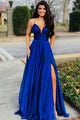 Royal Blue Evening Dresses Long 2019 Deep V Neck Split Sleeveless Spaghetti Strap Formal Party Prom Gowns Satin vestido de festa