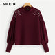 SHEIN Burgundy Mock Neck Pearl Embellished Drop Shoulder Sweatshirt Long Sleeve Pullover Women Autumn Minimalist Sweatshirts