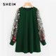 SHEIN Green Preppy Elegant Botanical Embroidered Mesh Sleeve Longline Pullover Sweatshirt Autumn Casual Campus Women Sweatshirts