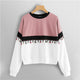 SHEIN Multicolor Cut and Sew Tassel Detail Colorblock Fringe Round Neck Sweatshirt Preppy Style Hooded Pullover Sweatshirt