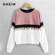 SHEIN Multicolor Cut and Sew Tassel Detail Colorblock Fringe Round Neck Sweatshirt Preppy Style Hooded Pullover Sweatshirt