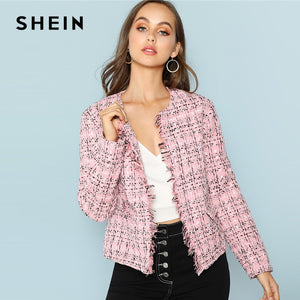 SHEIN Multicolor Elegant Office Lady Frayed Edge Plaid Tweed Blazer 2018 New Fashion Autumn Highstreet Women Outwear