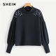 SHEIN Navy Elegant Preppy Mock Neck Pearl Embellished Drop Shoulder Solid Sweatshirt 2018 Autumn Casual Campus Women Sweatshirts