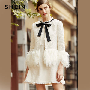 SHEIN White Elegant Office Lady Faux Fur Trim Tweed Bow Neck Single Breasted Highstreet Blazer Autumn Women Workwear Blazers