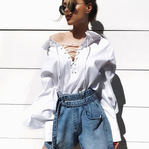 Sexy Lace Up Ruffles Sleeve Loose Shirts Women Casual Solid V-neck Tops Autumn Streetwear Female Fashion Simple Wild Blouses New