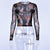 Sexy O-neck Mesh Perspective Print Tops Women Casual Long Sleeve Slim Wild Tees Ladies Fashion Sexy Club T-shirts Streetwear