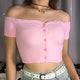 Sexy Off Shoulder Slim Short Tops Women Casual Solid Short Sleeve Simple Summer Tees Ladies Vogue Button T-shirts Elegant Pink