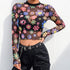 Sexy Print Mesh Perspective Tops Women Casual O-neck Long Sleeve Short Tees Summer Ladies Fashion Slim T-shirts Streetwear New