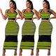 Sexy Striped Mesh Patchwork Long Dresses Women Sleeveless Slim Summer Dress Streetwear Ladies Fashion Sexy Club Tank Dress New