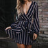 Sexy V-neck Striped Mini Dress Women Casual Long Sleeve Lace-Up A-line Dresses Robe Femme Fashion Elegant Party Dress Vestidos