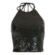 Sexy Women Halter Backless Crop Top Dazzling Laser Holographic Black Glitter Sequins Tank Tops Fashion Night Club Party Camisole