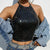 Sexy Women Halter Backless Crop Top Dazzling Laser Holographic Black Glitter Sequins Tank Tops Fashion Night Club Party Camisole