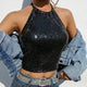 Sexy Women Halter Backless Crop Top Dazzling Laser Holographic Black Glitter Sequins Tank Tops Fashion Night Club Party Camisole