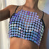 Shiny Purple Sequins Tank Tops Women Halter Link Chain Crop Top 2019 Summer Party Top Sexy Backless Hollow Out Patchwork Vest