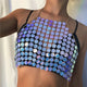Shiny Purple Sequins Tank Tops Women Halter Link Chain Crop Top 2019 Summer Party Top Sexy Backless Hollow Out Patchwork Vest