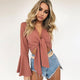 Short Sexy Deep V-neck Lace Up Chiffon Shirts Casual Solid Flare Sleeve Blouses Summer Ladies Fashion Sexy Club Chiffon Tops