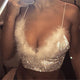 Silver Rhinestones Fluffy Tank Top Women Sexy Deep V Backless Halter Crop Top 2019 New Summer Streetwear Music Festival Tops