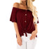 Solid Slash Neck Button Lacing Tops Women Casual Short Sleeve Loose Shirts Summer Ladies Fashion Simple Wild Blouse High Quality