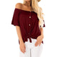 Solid Slash Neck Button Lacing Tops Women Casual Short Sleeve Loose Shirts Summer Ladies Fashion Simple Wild Blouse High Quality