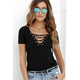 Solid V-neck Hollow Out Summer Tops Women Casual Short Sleeve Lace Up Soft Slim Tees Female Vogue Sexy Simple Wild T-shirts New