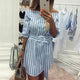 Striped Slash Neck Sashes Mini Dress Casual Half Sleeve Loose Dresses Summer Ladies Fashion Breathable Dress Beach Style New