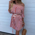 Striped Slash Neck Sashes Mini Dress Casual Half Sleeve Loose Dresses Summer Ladies Fashion Breathable Dress Beach Style New
