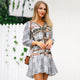 V-neck Print Plaid Ruffles Mini Dress Women Casual 3/4 Sleeve Loose A-line Dresses Female Fashion Silky Dress Plus Size Vestidos