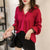 V-neck Pullover Loose Chiffon Shirts Women Casual Solid Flare Sleeve Breathable Tops Ladies Fashion Bottoming Blouses Plus Size