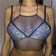 White Black Fishnet Tank Tops Women See Through Rhinestones Halter Crop Top 2019 Summer Cover Up Hollow Drawstring Top Beachwear