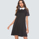Women Casual Brief Solid Color Shift Mini Dress Black Turn-down Collar Short Sleeve Straight Lady Dress HT035