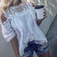 Women Shirts Camisas Mujer Summer Lace Round Neck Hollow Half Sleeve Casual Tops Ruched Cold Shoulder Blouse