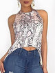 Women Summer Leisure Leopard Halter Backless Asymmetrical Sleeveless Blouse Snakeskin Print Backless Dip Hem Casual Top