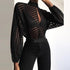 Women's Black Blouse Sexy Club Streetwear See Through Perspective Hollow Out Striped V-neck Long Sleeve Shirt Tops