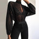 Women's Black Blouse Sexy Club Streetwear See Through Perspective Hollow Out Striped V-neck Long Sleeve Shirt Tops