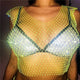 Women's Fishnet Rhinestone Crop Top 2019 Summer Sexy Mesh High Elastic Black White Shirt Net See Through Rave Diamond Tank Top
